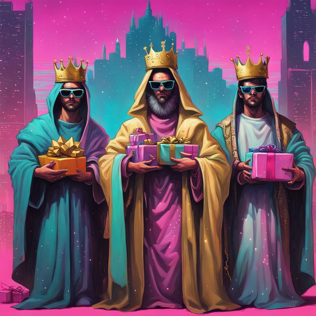 Cyberpunk Nativity Scene: Three Kings Arrive