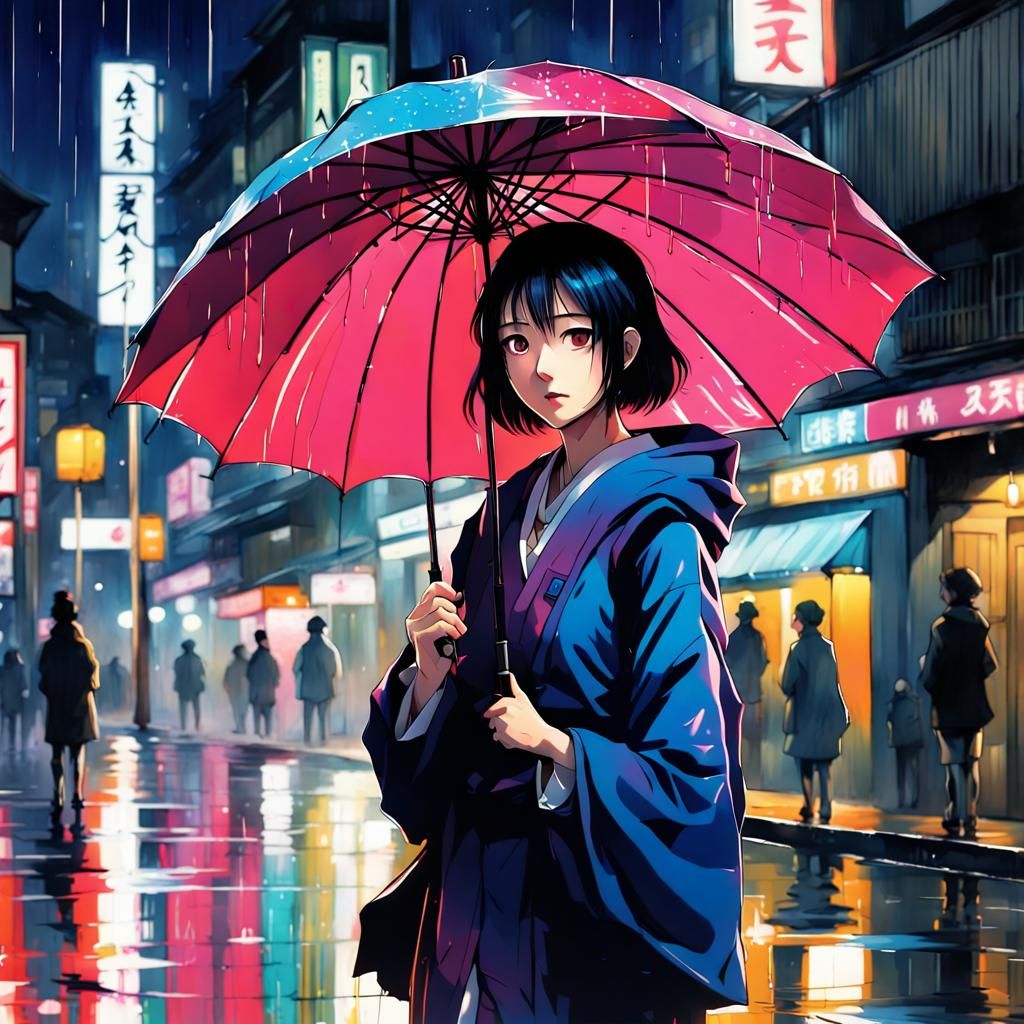 Anime Style: Woman with Umbrella in City at Night