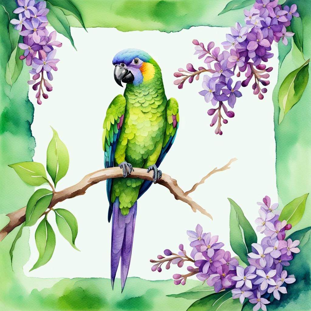 Green Parrot on Lilac Branch in Watercolour Style