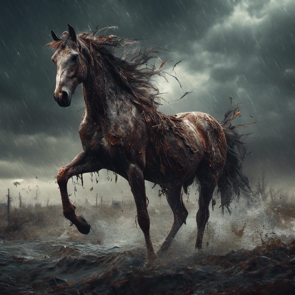 Wild Horse in Stormy Weather, Macabre Painting