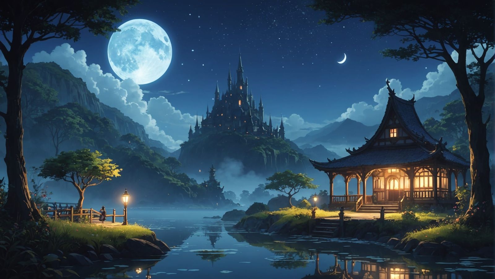 Magical Anime Realm at Night with Mana Particles