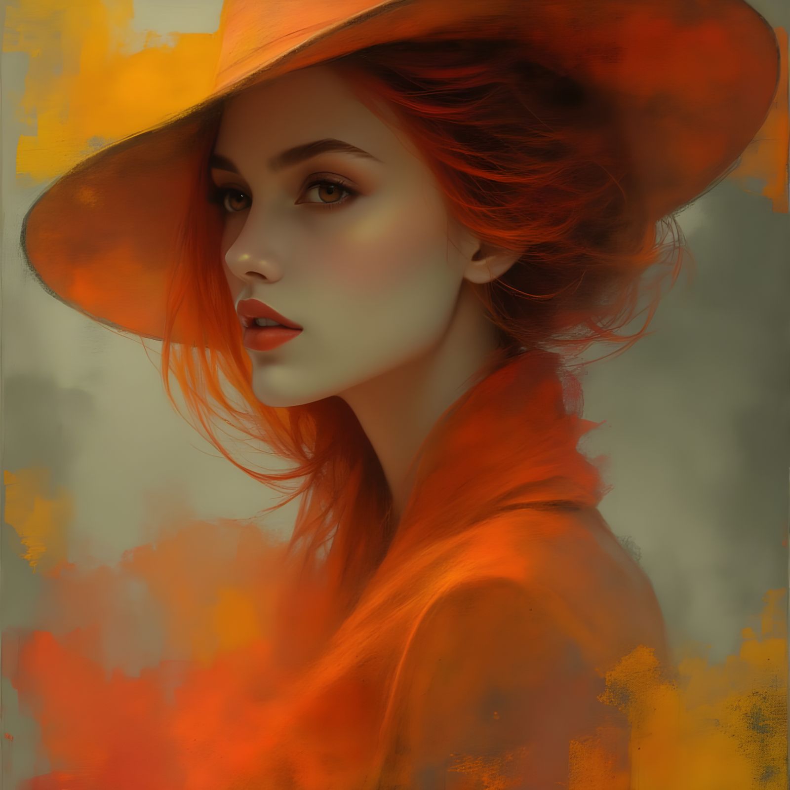 Elegant Woman in Fiery Red and Orange Attire