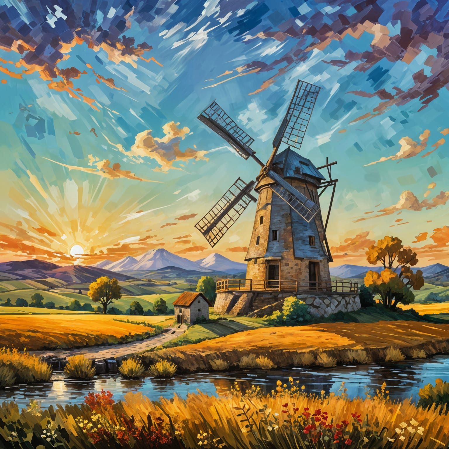 Impasto Windmill Landscape in Whimsical Oil Painting Style