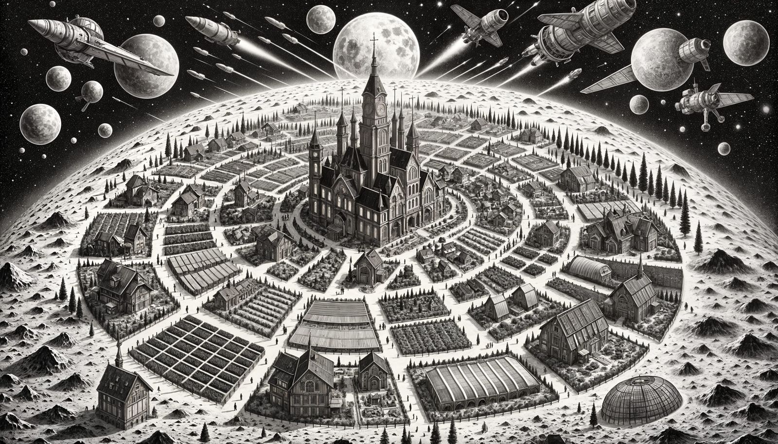 Intricate Steampunk Village on the Moon in Elegant Black and...