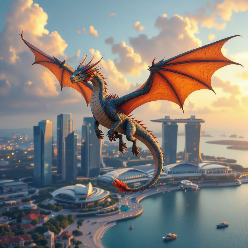 Dragon Soars Over Marina Sands Bay in Matte Painting Style