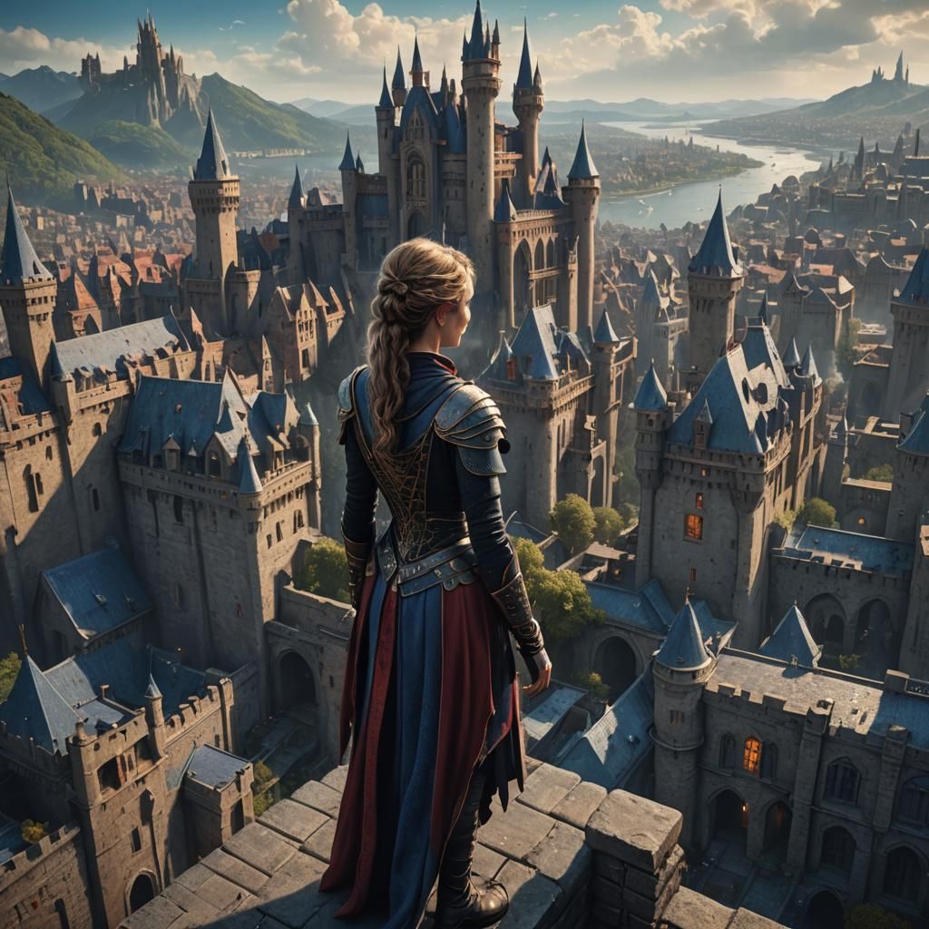 Fantasy Woman Gazing at City: Detailed Matte Painting