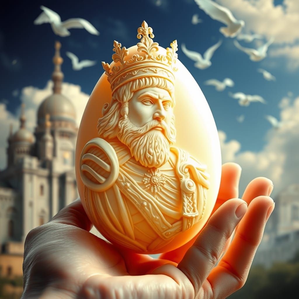 Elegant Egg with Regal King Relief in Soft, Dreamy Landscape