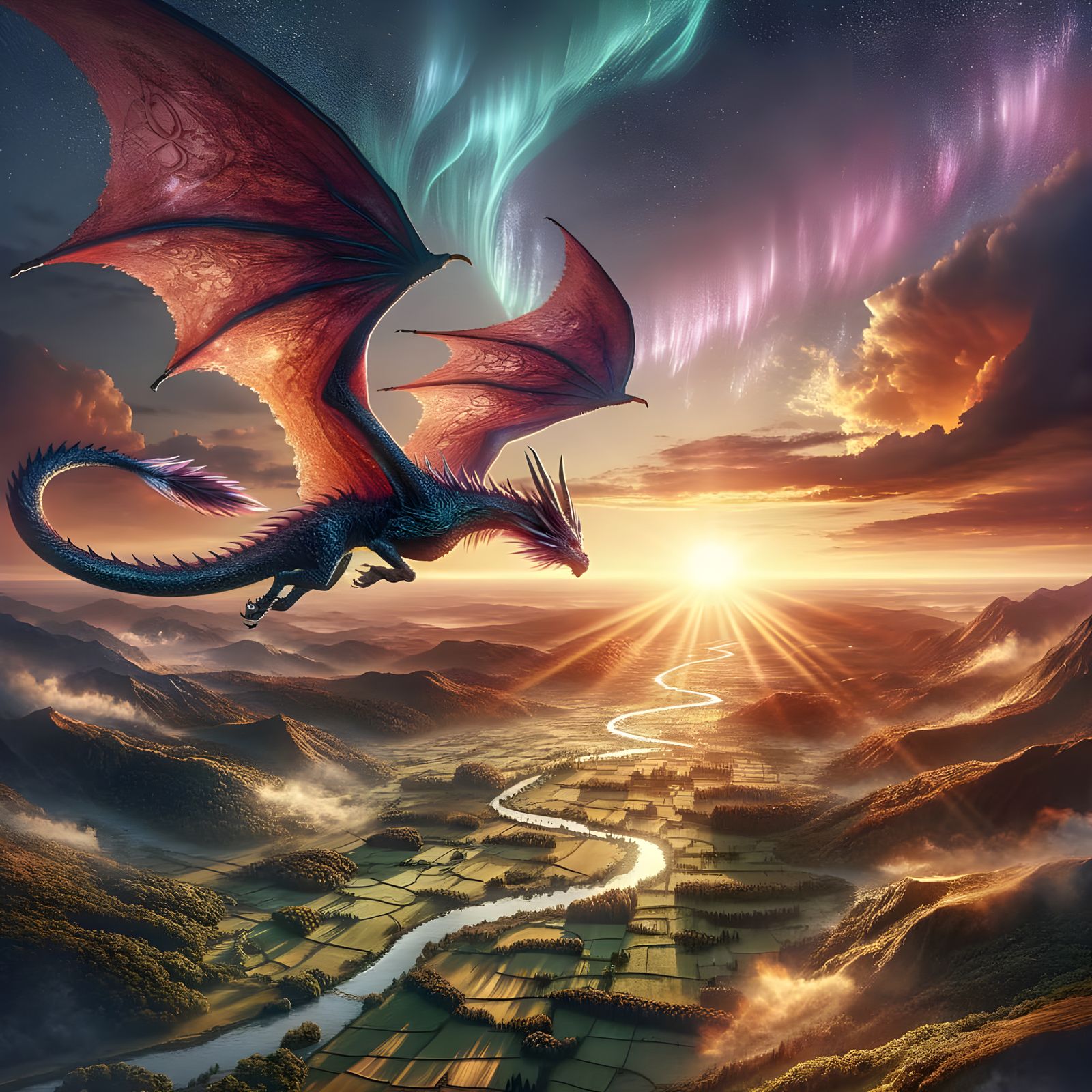 Majestic Dragon Soars Above Vibrant Landscape in Sunset