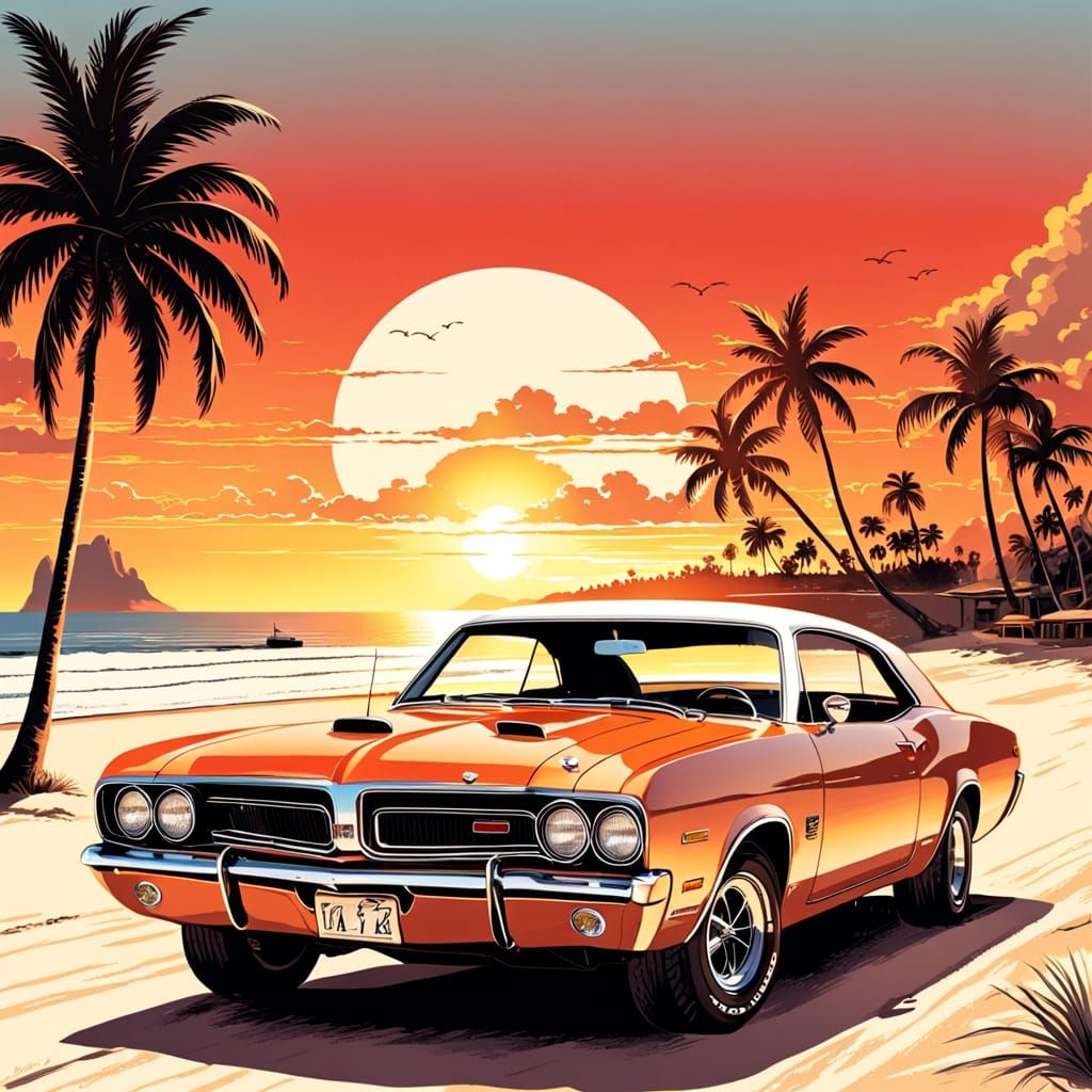 Muscle Car on a Fiery Sunset Beach