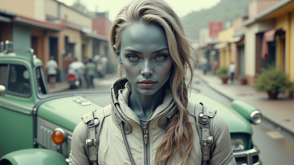 Grey Skinned Figure in White Jumpsuit by Green Car in Santa ...