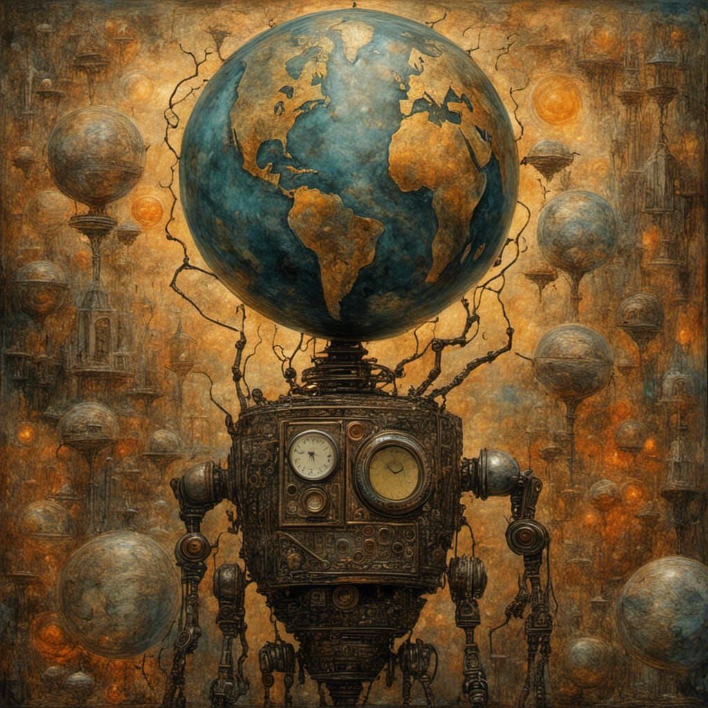 Surreal Robot Fresco with Globe and Marine Textures