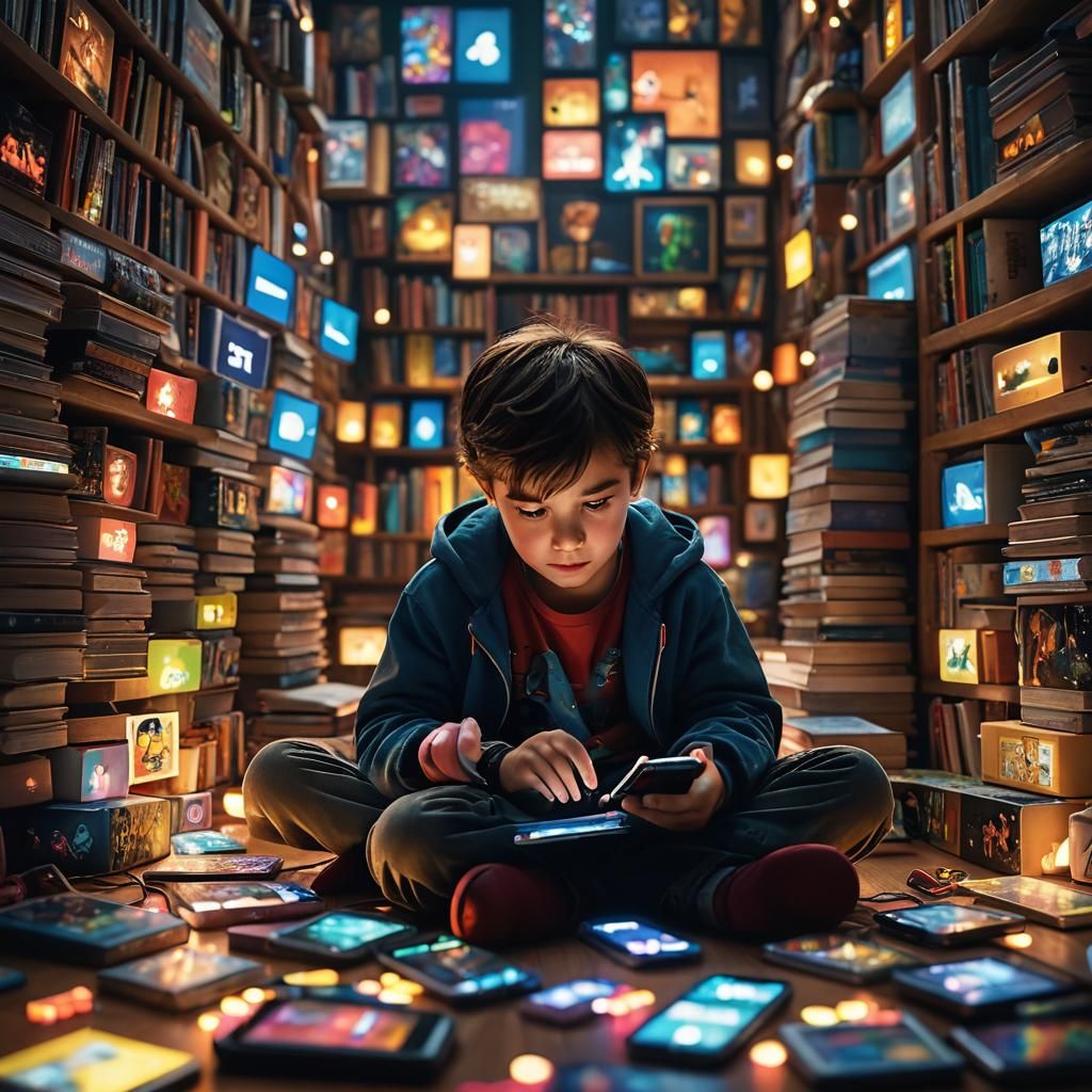 Child Engrossed in Smartphone: Hyperrealistic Cinematic Stil...