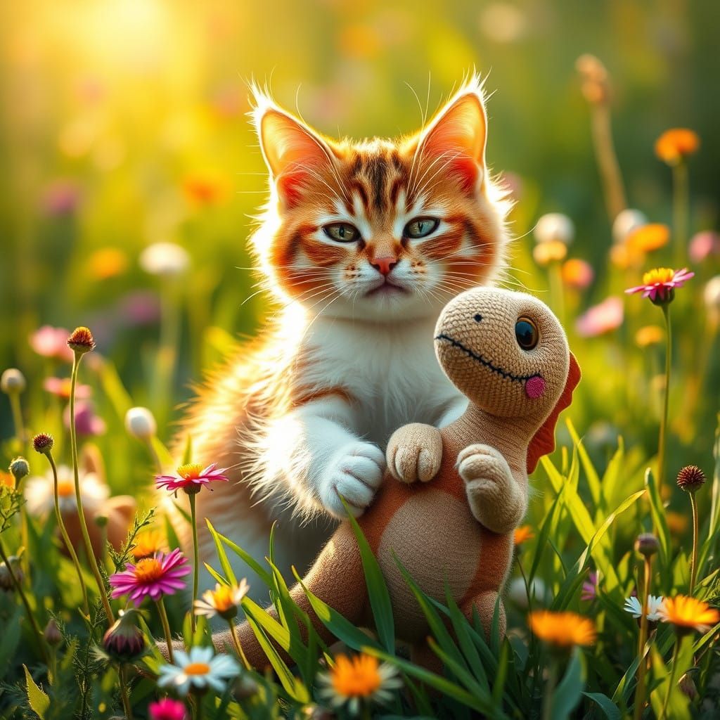 Serenely Playful Cat in Lush Meadow