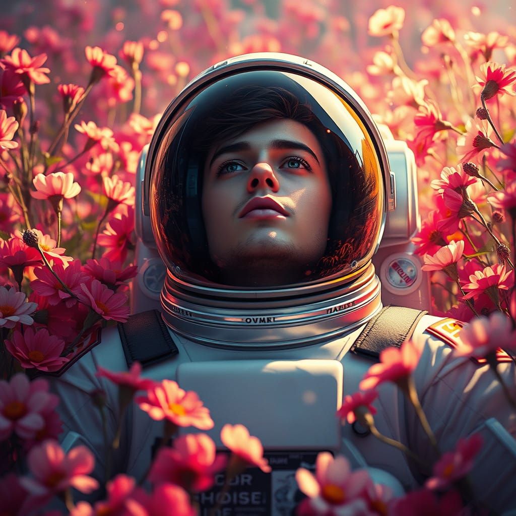 Surreal Astronaut Portrait in a Bed of Vibrant Flowers
