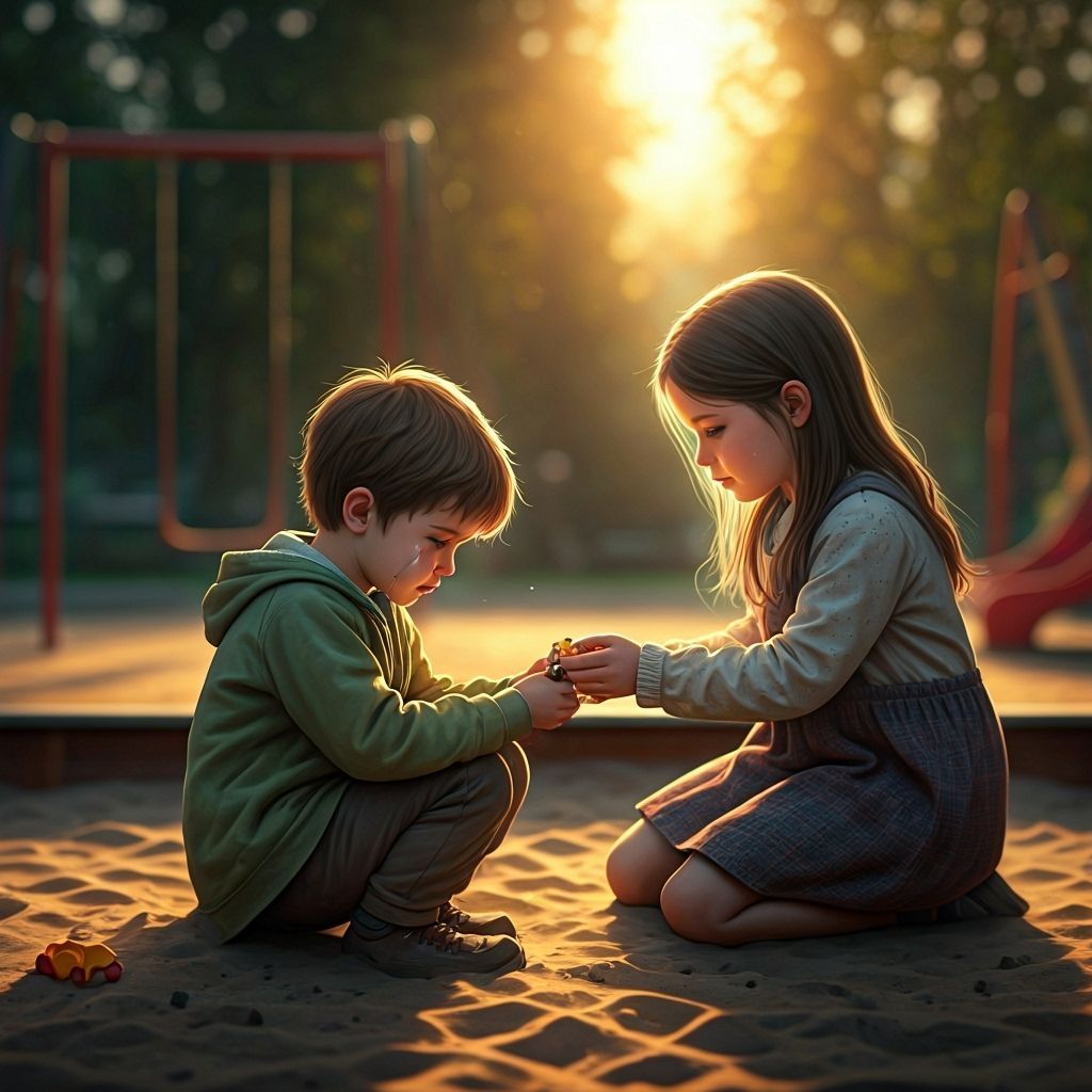 Kind Girl Comforts Sad Boy in Sandbox