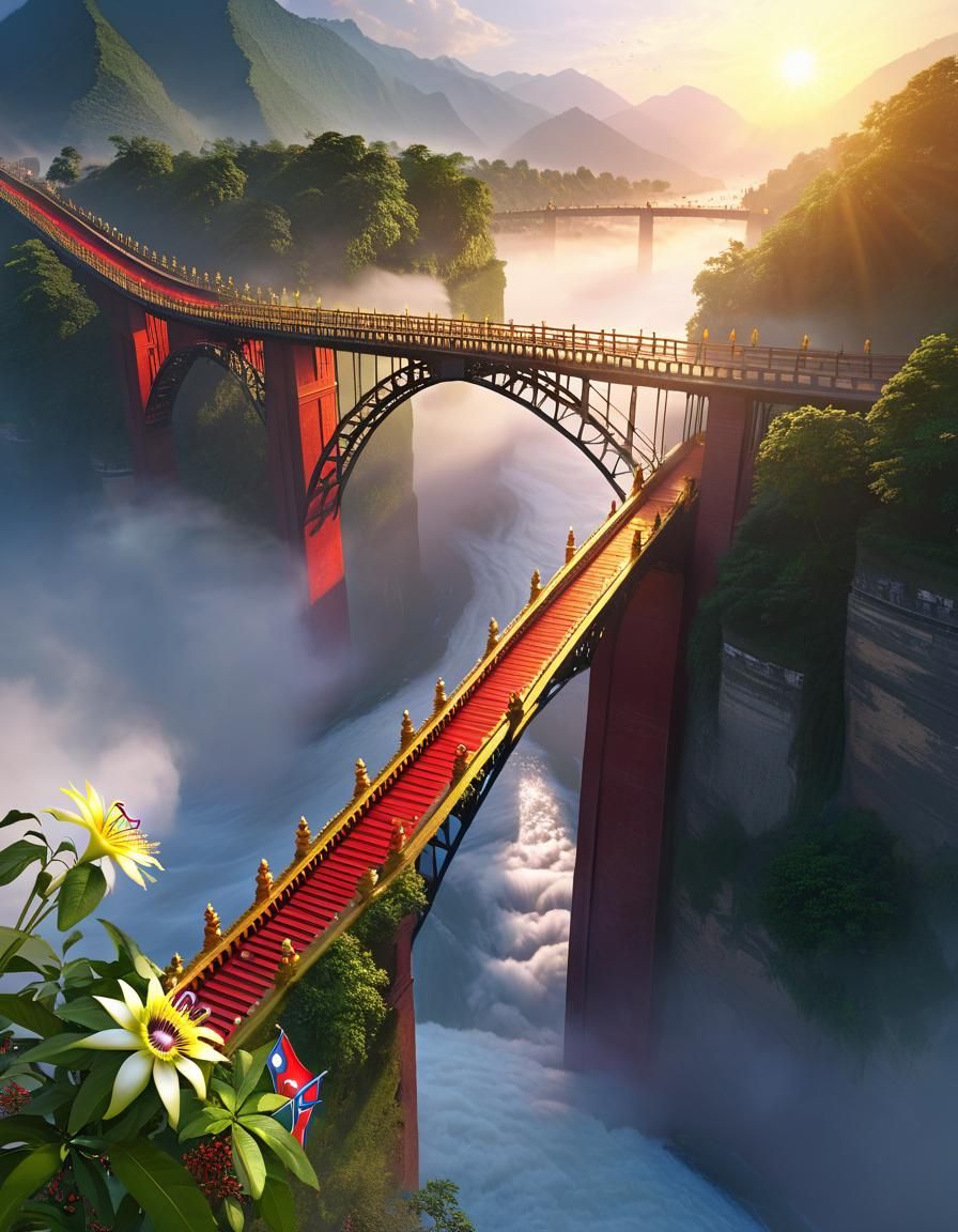 Bridges over Kali River with Blooming Stairs