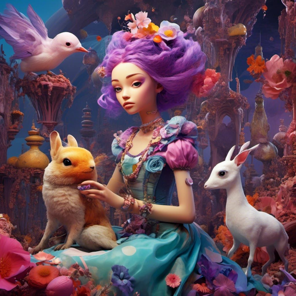 <lora:Fibonacci collage:1.0>  A whimsical colorful princess with purple hair and her cute pet. Deep multilayered colors.