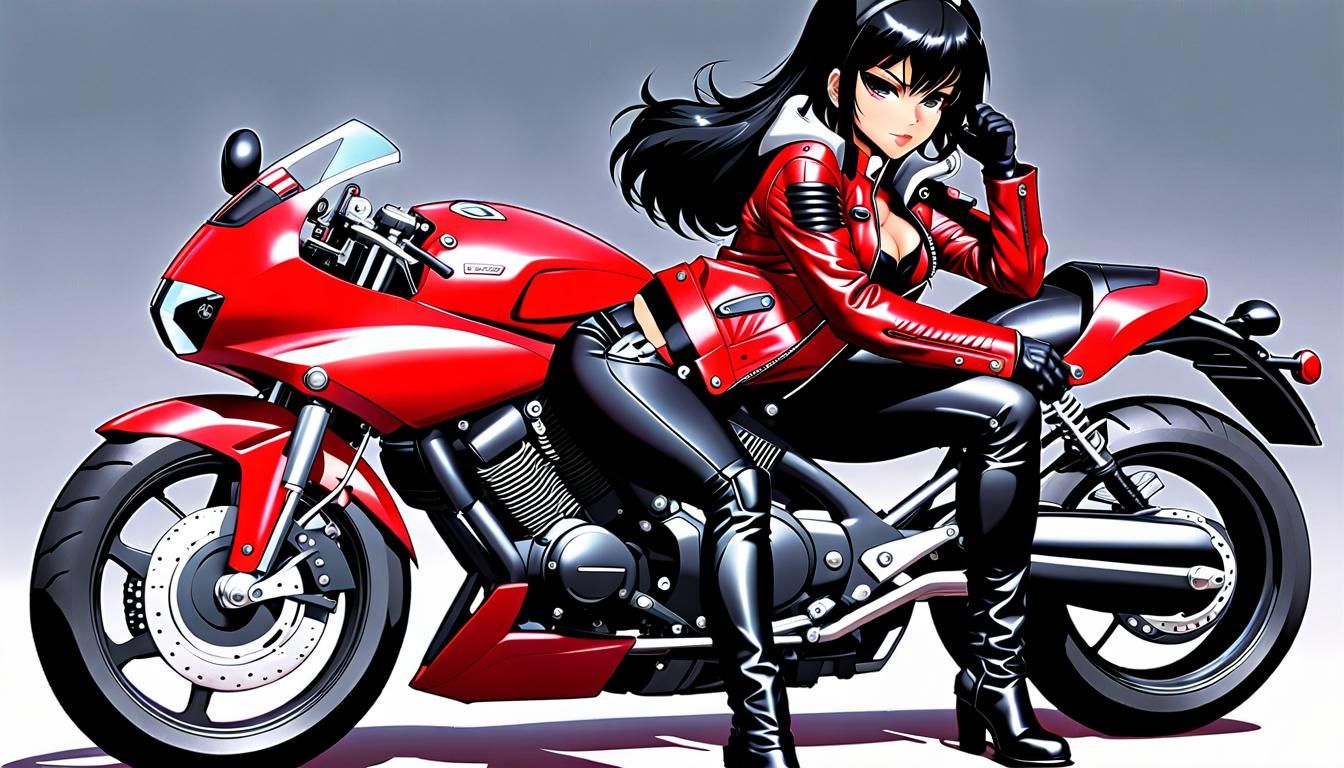 Latina Biker in Red Leather, Manga Style