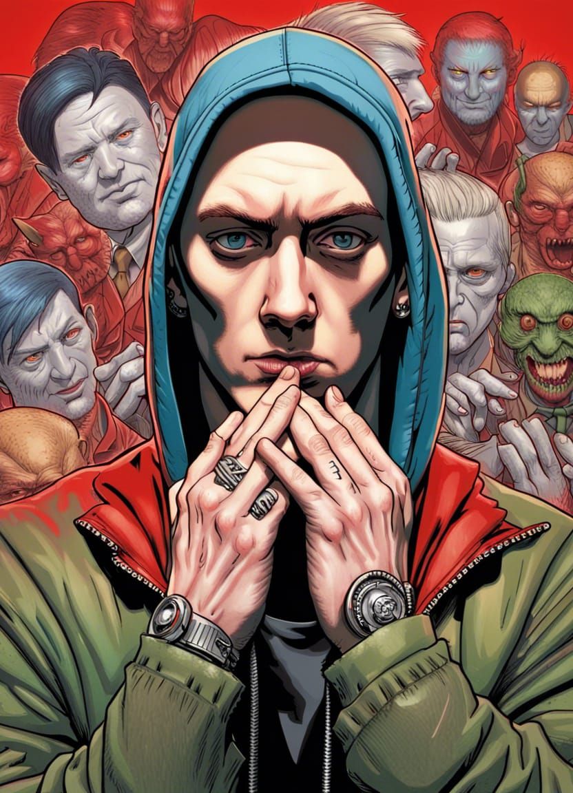 Eminem Portrait with Monsters in Comic Art Style