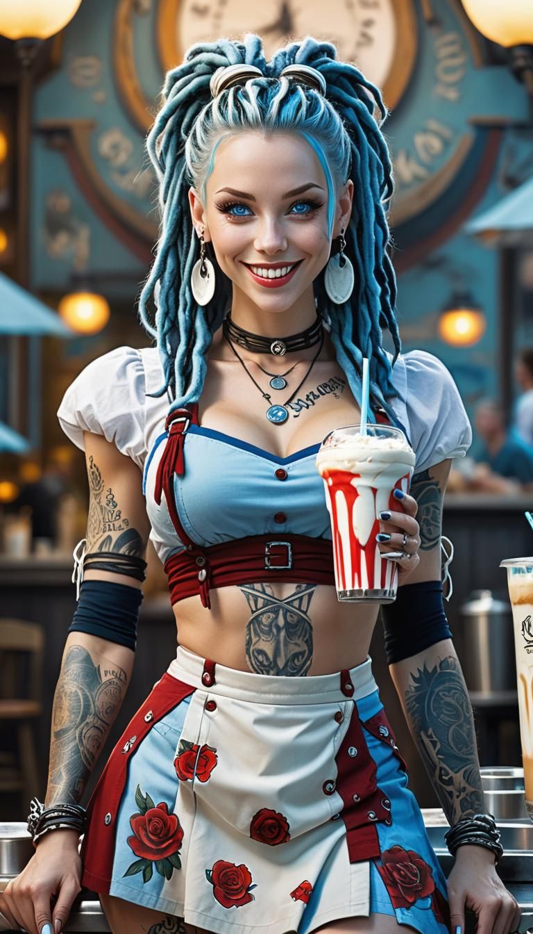 Fantasy Waitress with Blue Dreadlocks Serving Milkshakes