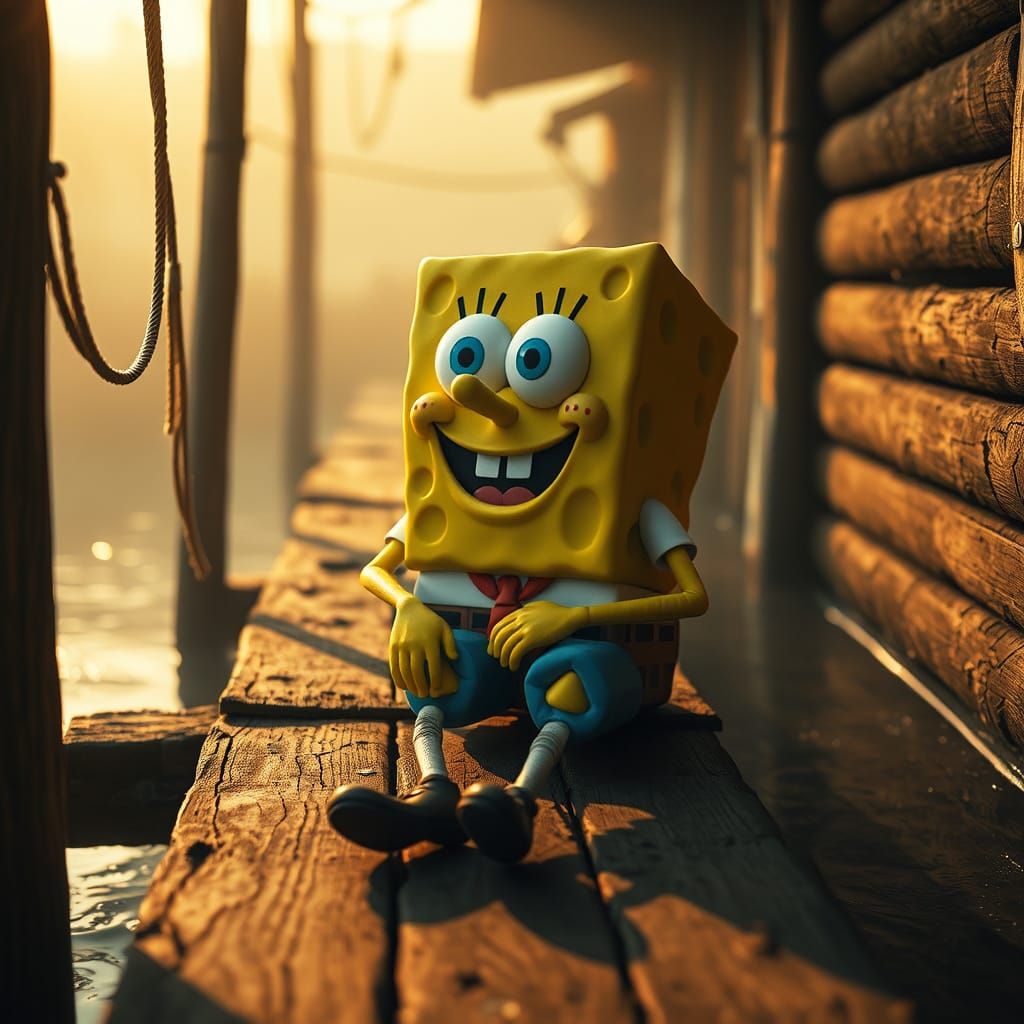 Hyperrealistic Human Spongebob on a Dock