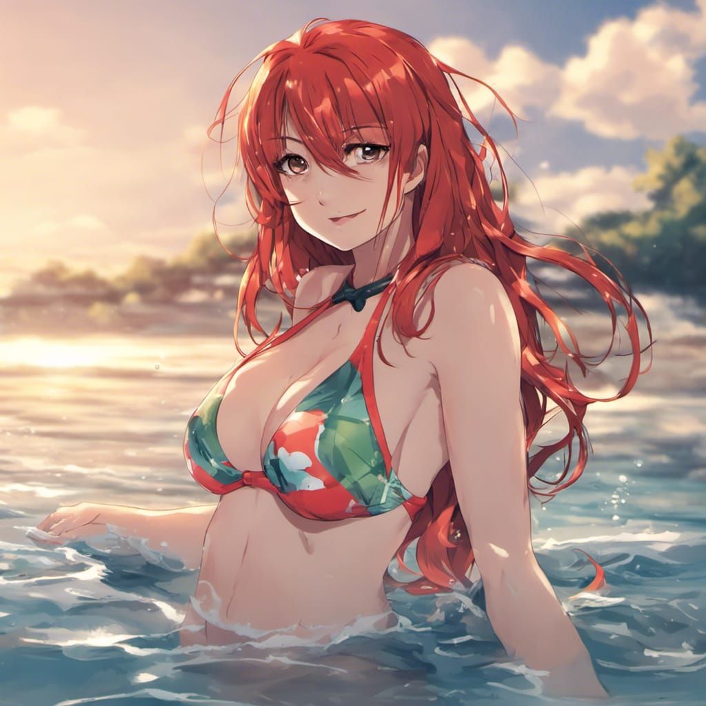 Anime-Style Redhead Girl Swimming at Beach