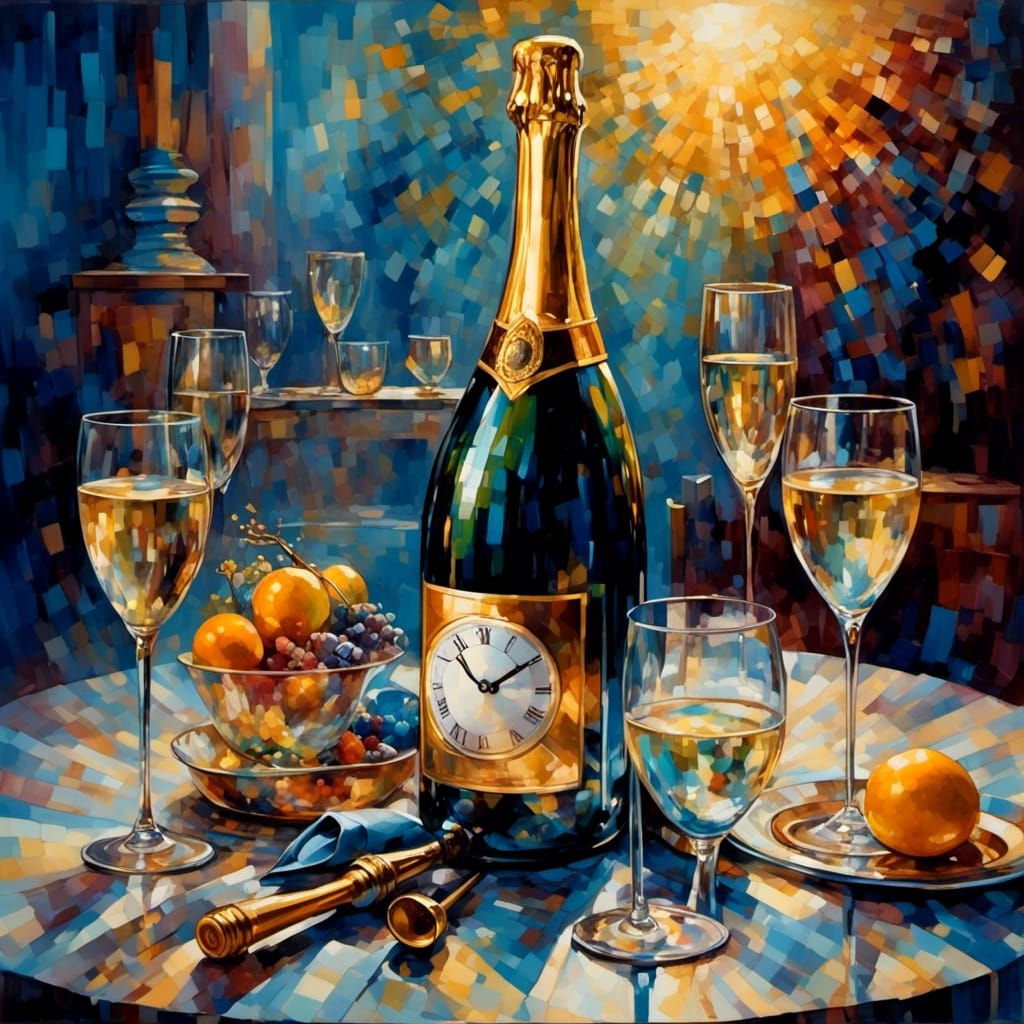 Vivid Champagne Still Life with Clock