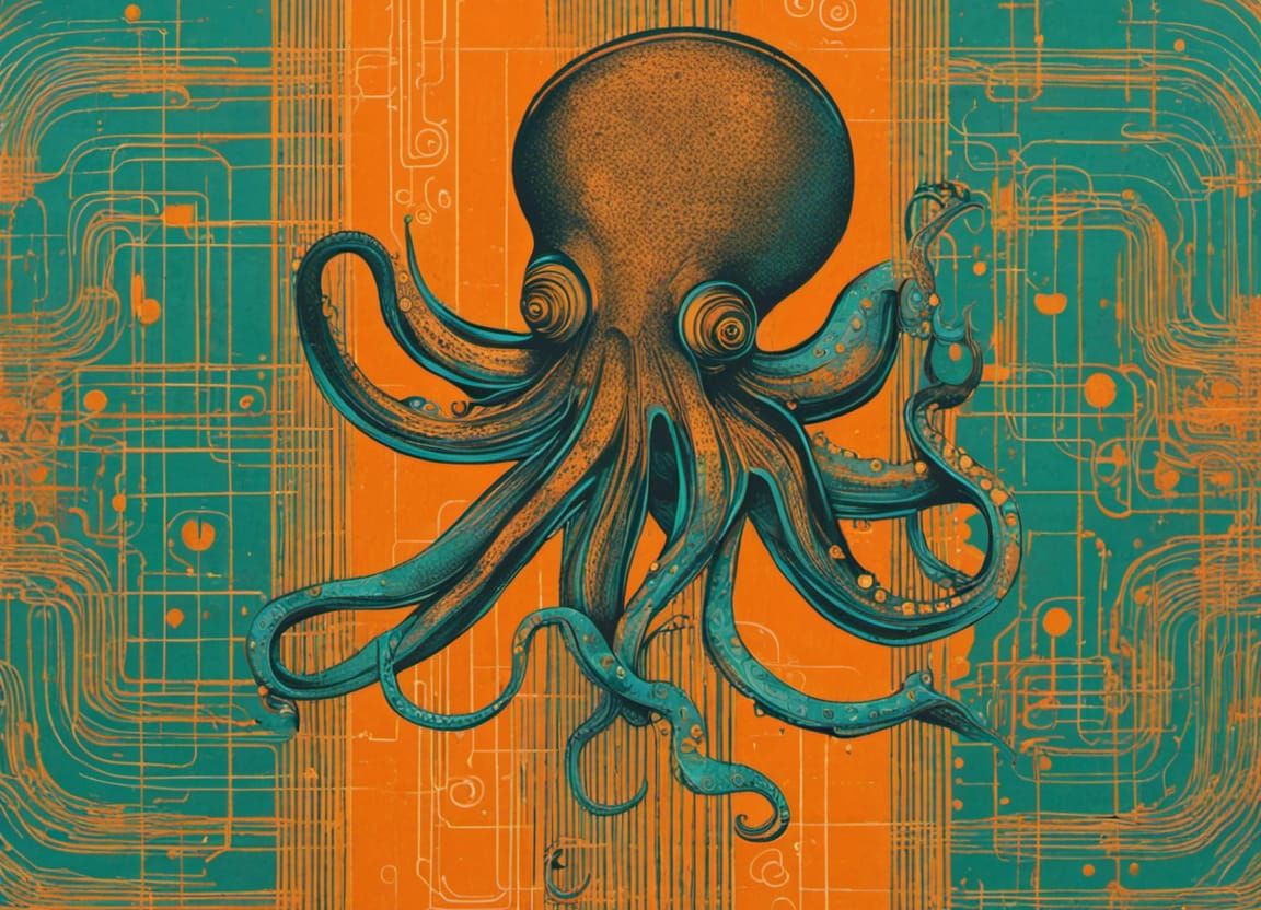 Octopus in Abstract Circuits, Shin Hanga Street Art