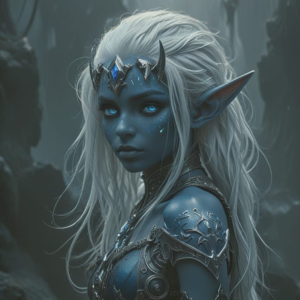 Dark Fantasy Elf with White Hair and Blue Eyes