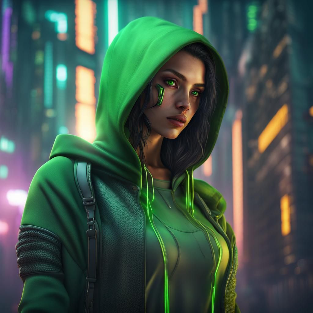 Latina Hacker in Cyberpunk City: Detailed Matte Painting