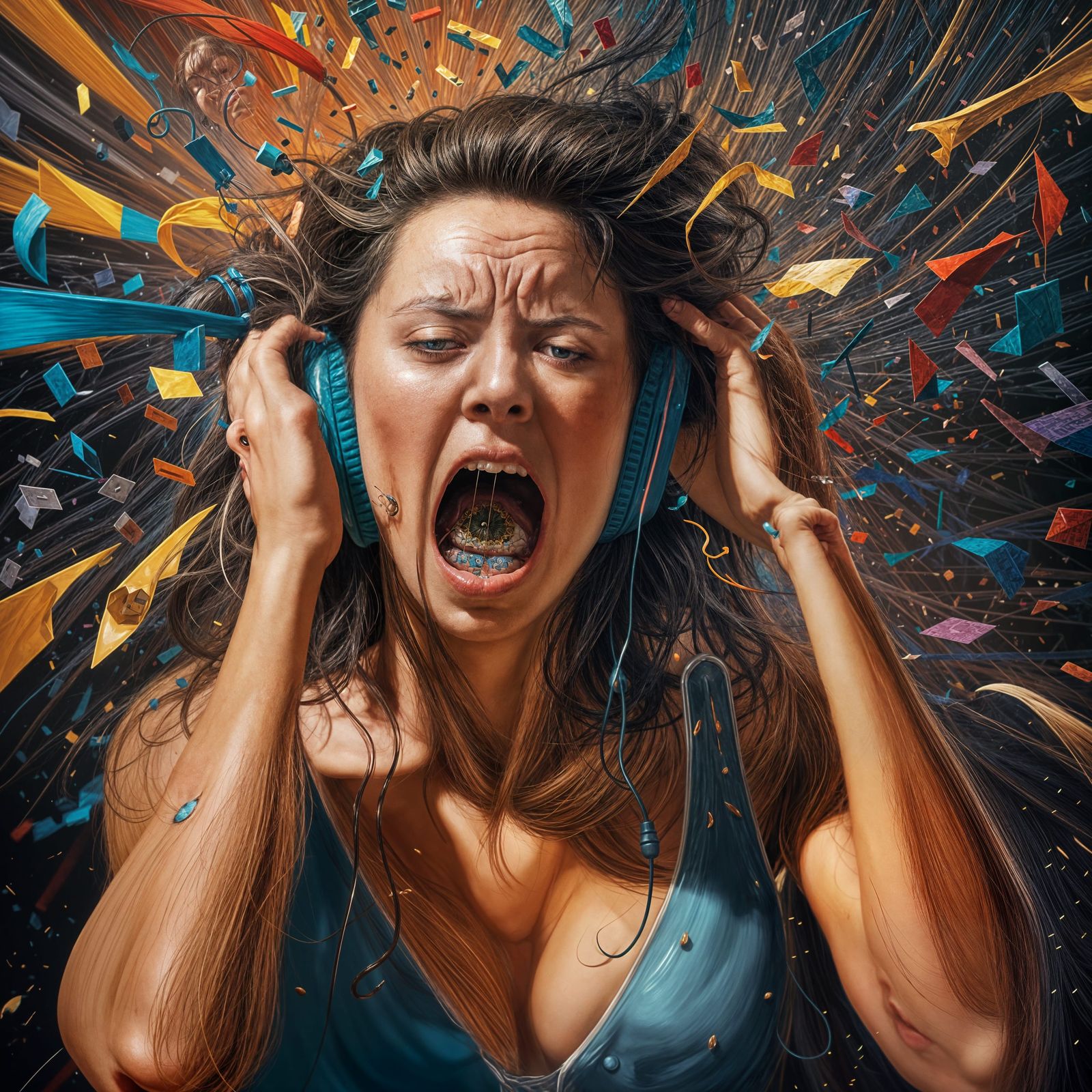 Woman's Anguish in Noisy Room: Hyperrealistic Splash Art