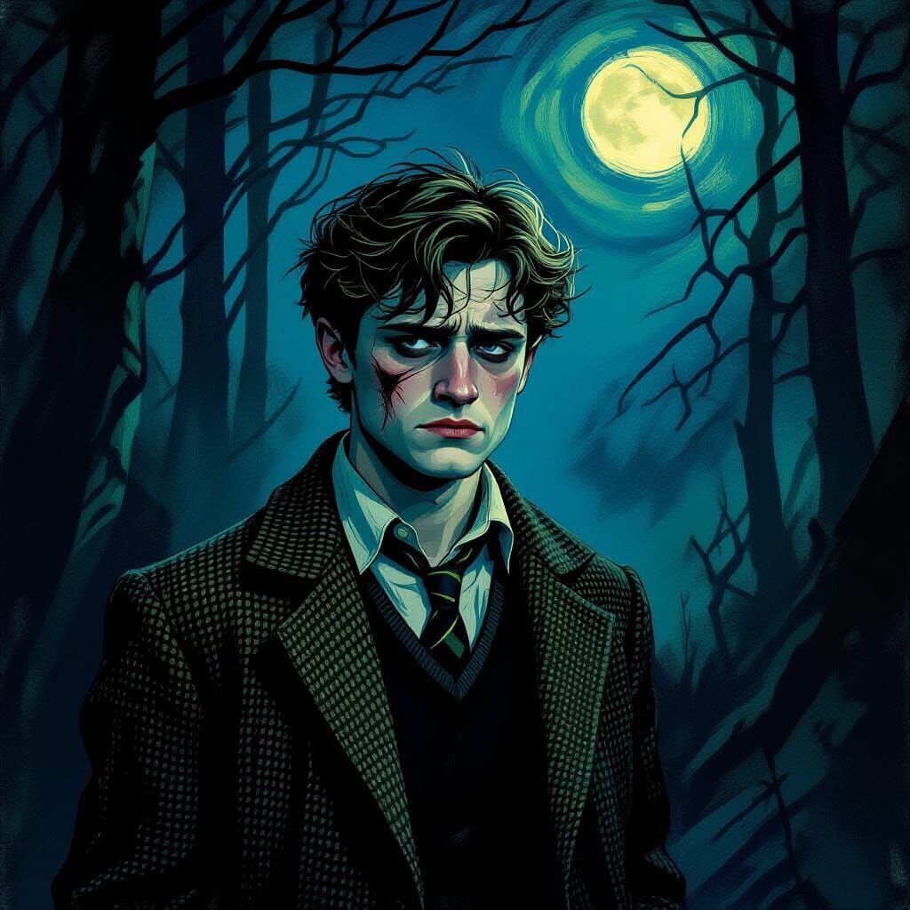 Brooding Boy in Forest, Edvard Munch Style