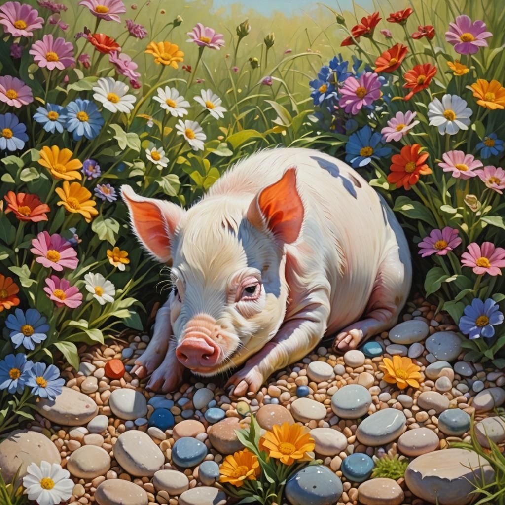 Teacup Piglet Sleeping in Sunny Meadow: Oil Painting