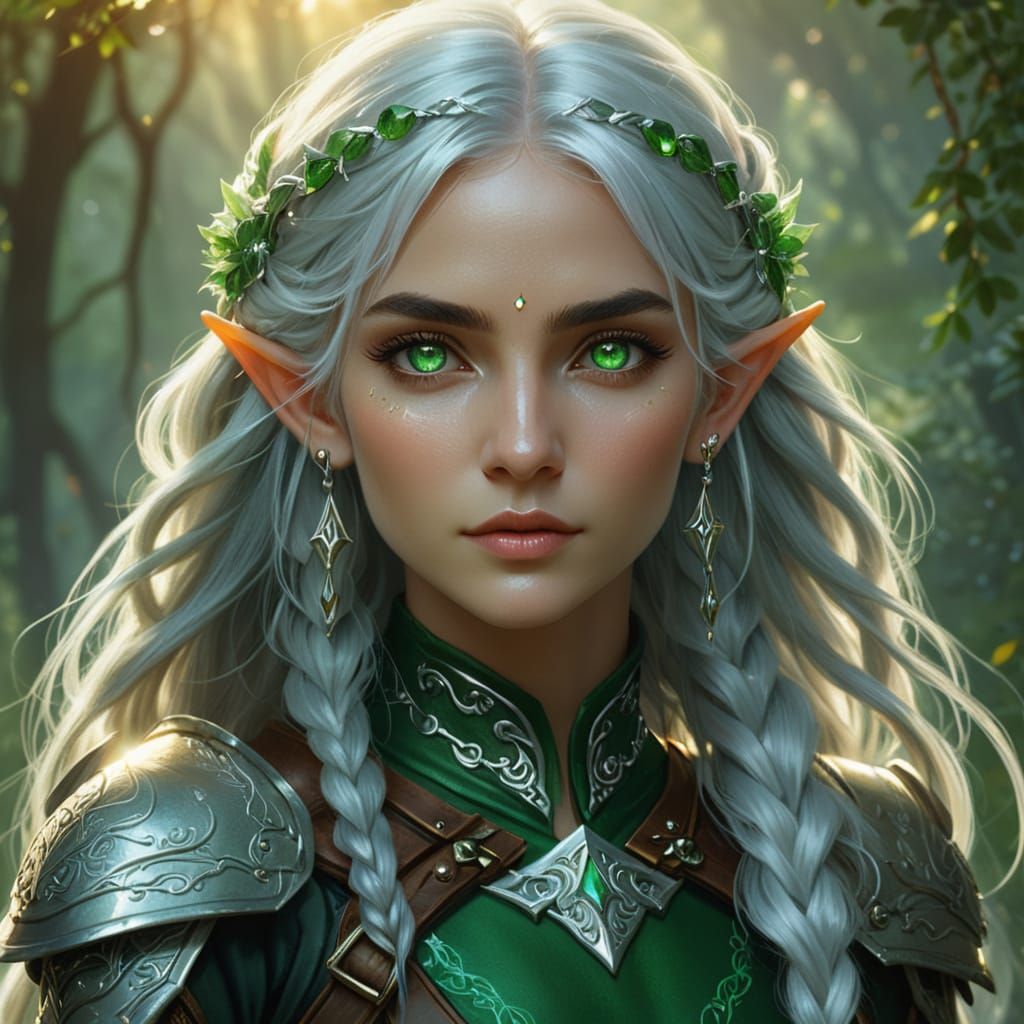 Elf Girl Concept Art with Silver Hair and Emerald Eyes
