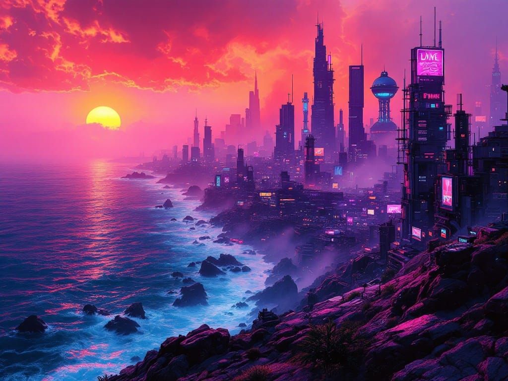 Cyberpunk Metropolis Unfolds Along a Rocky Shore