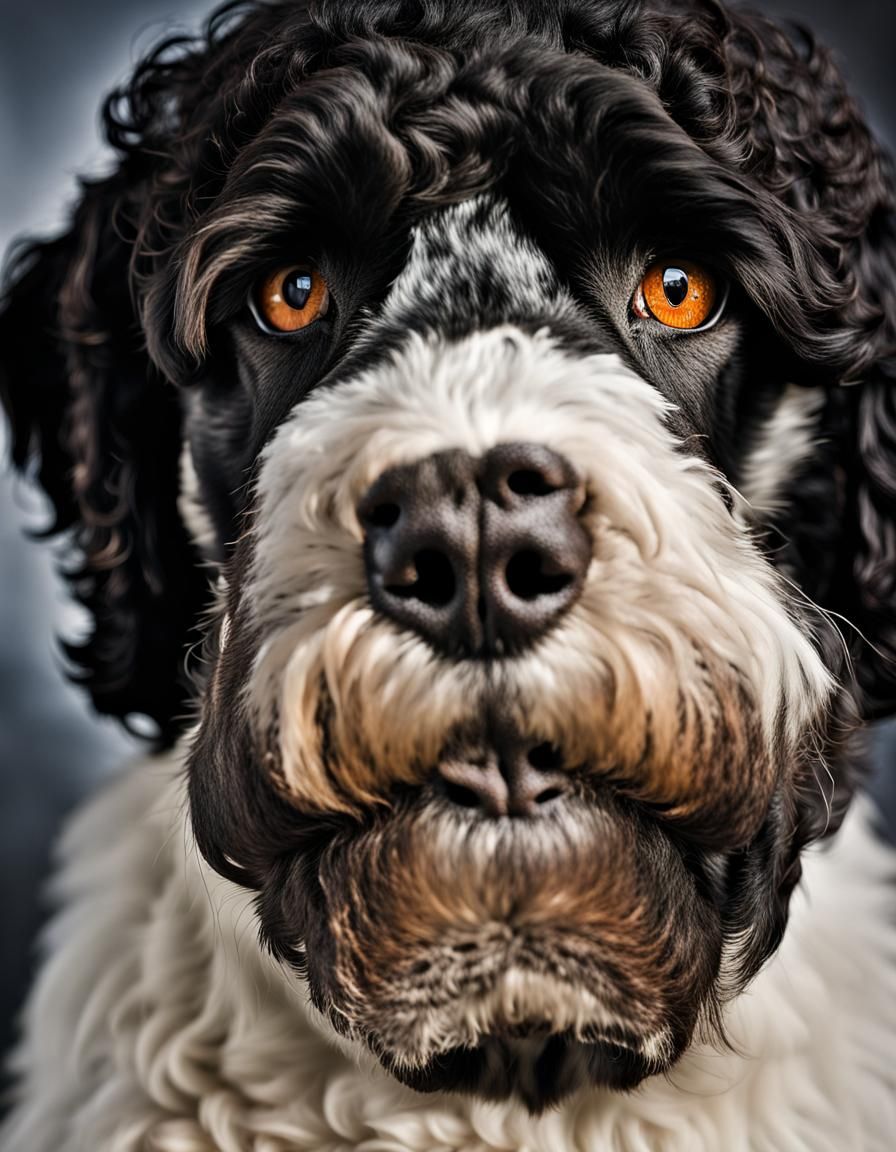Portrait of Black Portuguese Water Dog with White Patch