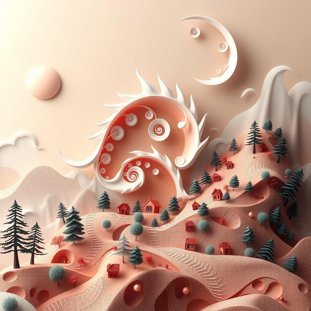 Fractal Fern Landscape with Female Face in Zentangle Style