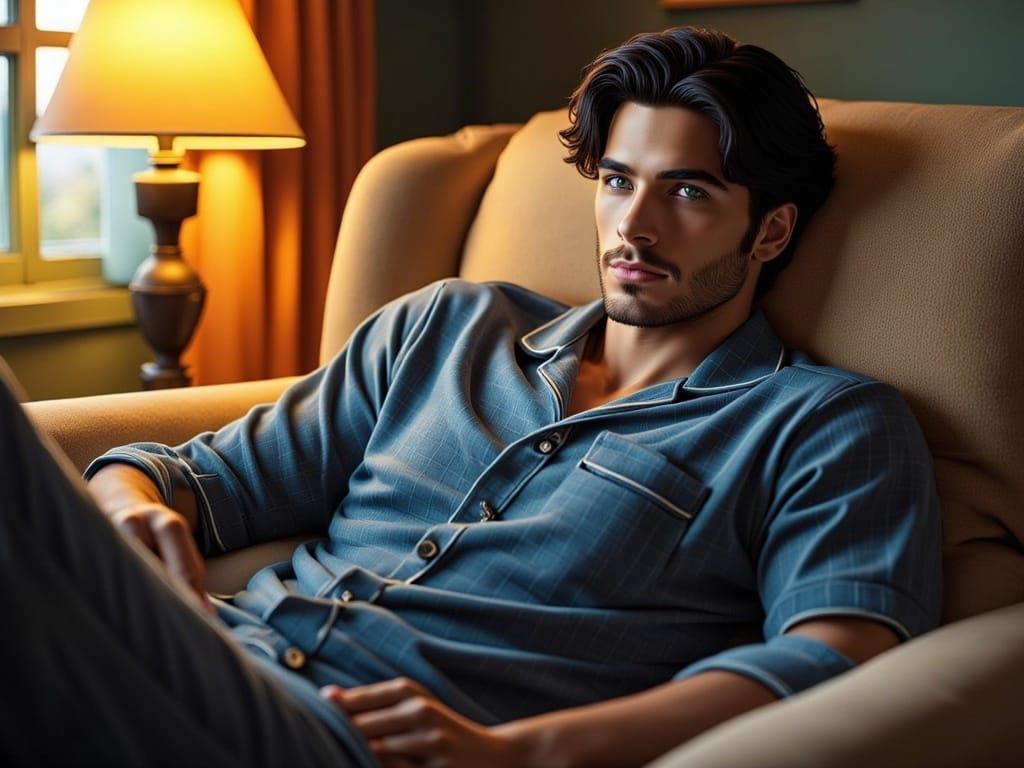 Handsome Man in Blue Pajamas, Hyper-Realistic Portrait