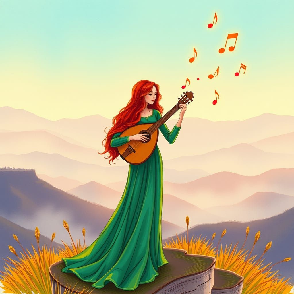 Woman Plays Lute on Hilltop in Psychedelic Style