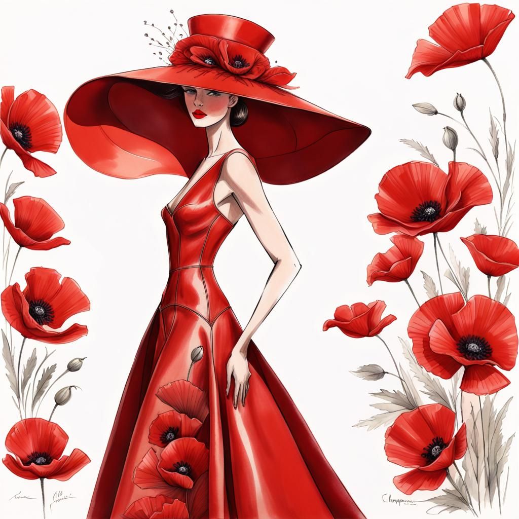 Red Couture Dress with Poppies Sketch