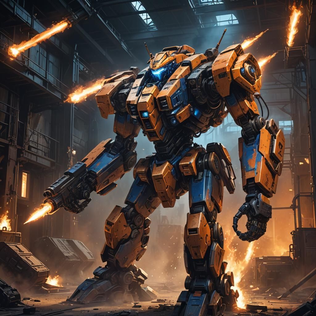 Armored Mech in Industrial Setting with Railgun