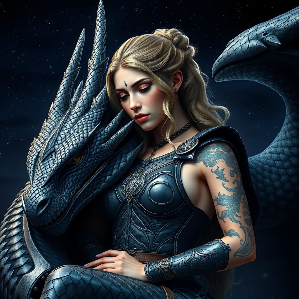Hyper-Realistic Female Dragon Warrior in Majestic Starry Nig...