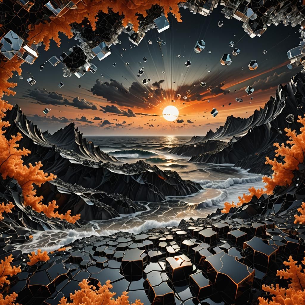 Fractal Landscape with Quantum Forest and Black Sun