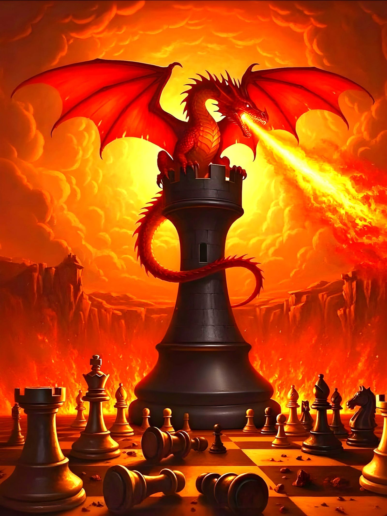 Red Dragon on Chess Tower Spewing Fire in Baroque Style