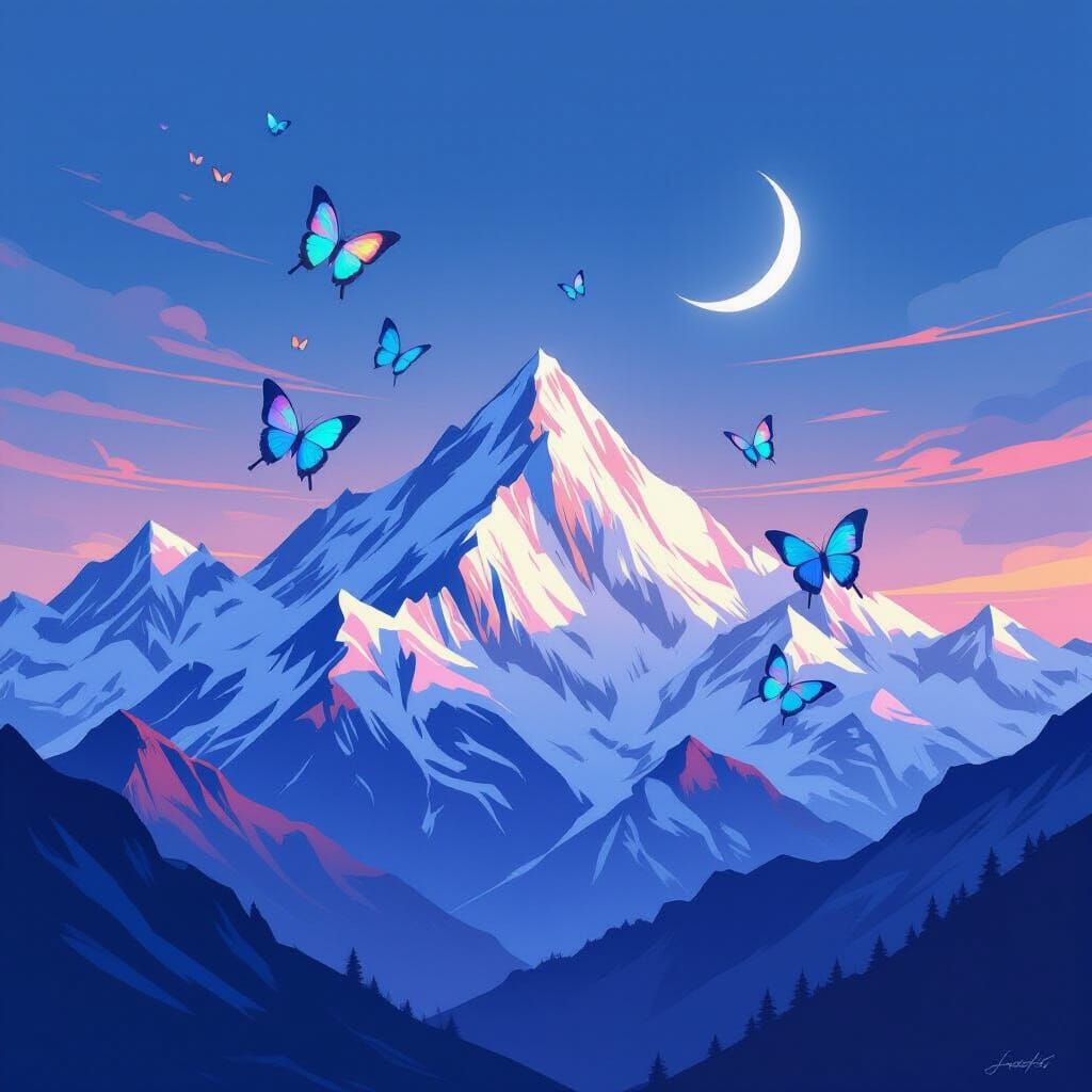 Majestic Mountains and Giant Butterflies Under Twilight Moon