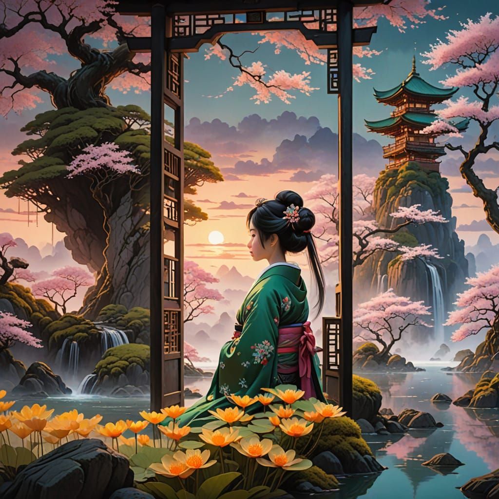 Mystical Fantasy Landscape in Traditional Japanese Style