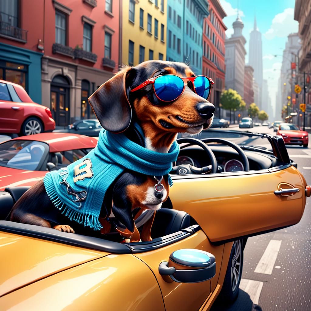 Wiener Dog Drives Sports Car in City: Fantasy Art