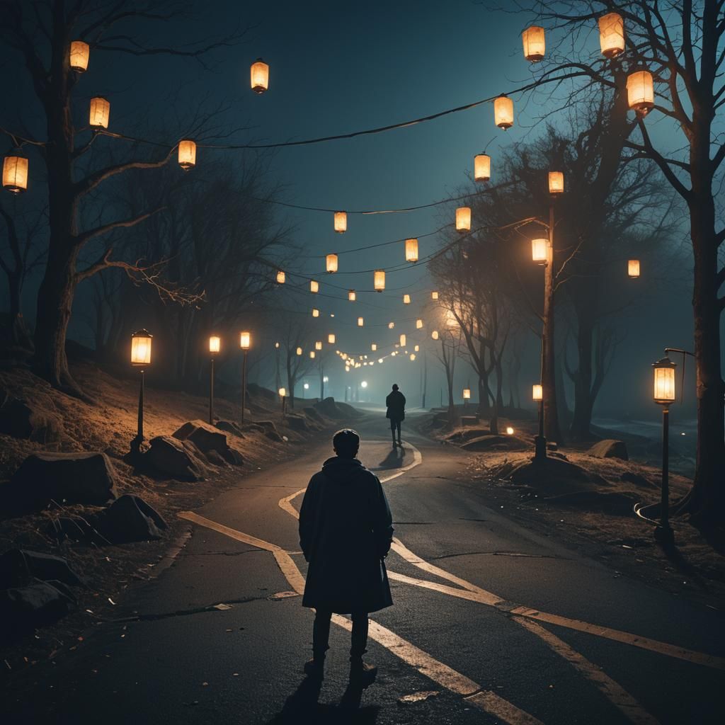 Ultra-cinematic image of a person standing at a crossroads, contemplating two diverging paths. One path is dark and chao...