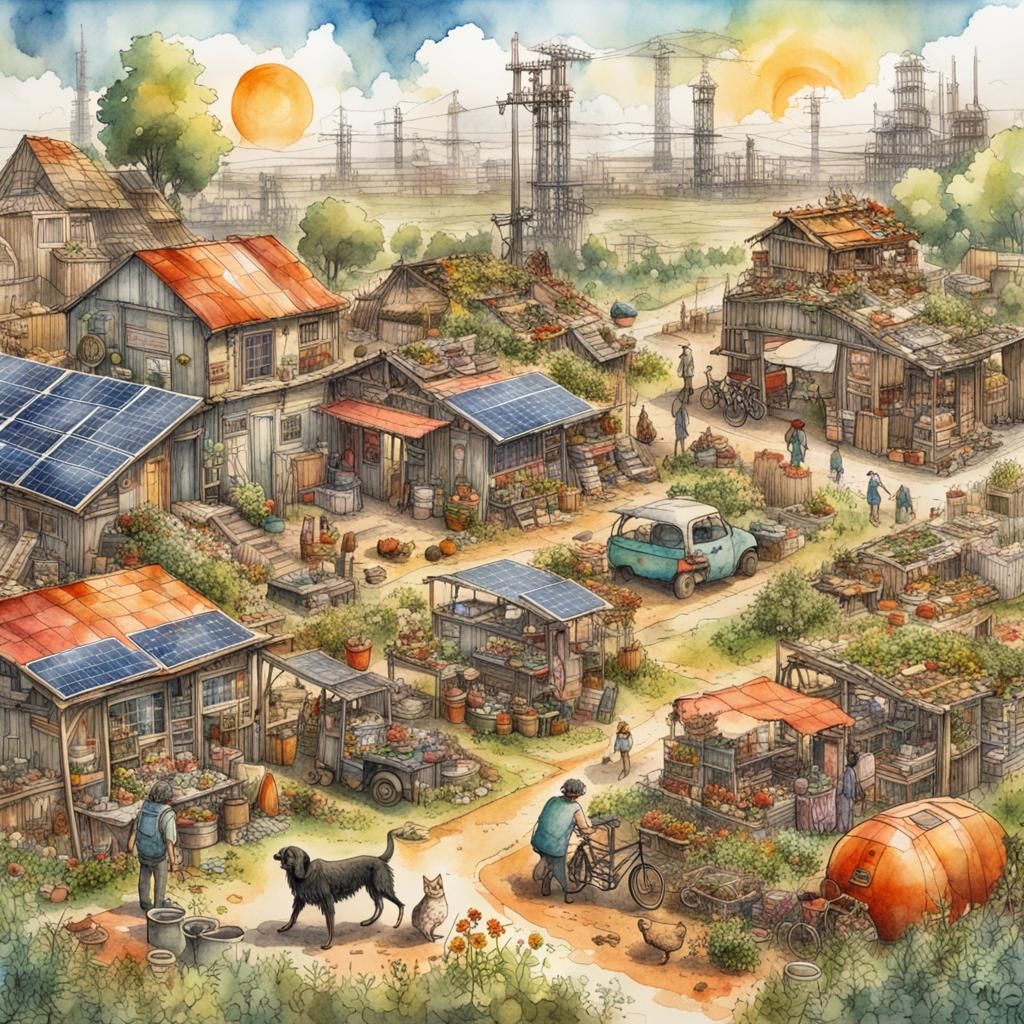 Post-Apocalyptic Solarpunk Settlement: Watercolor and Ink