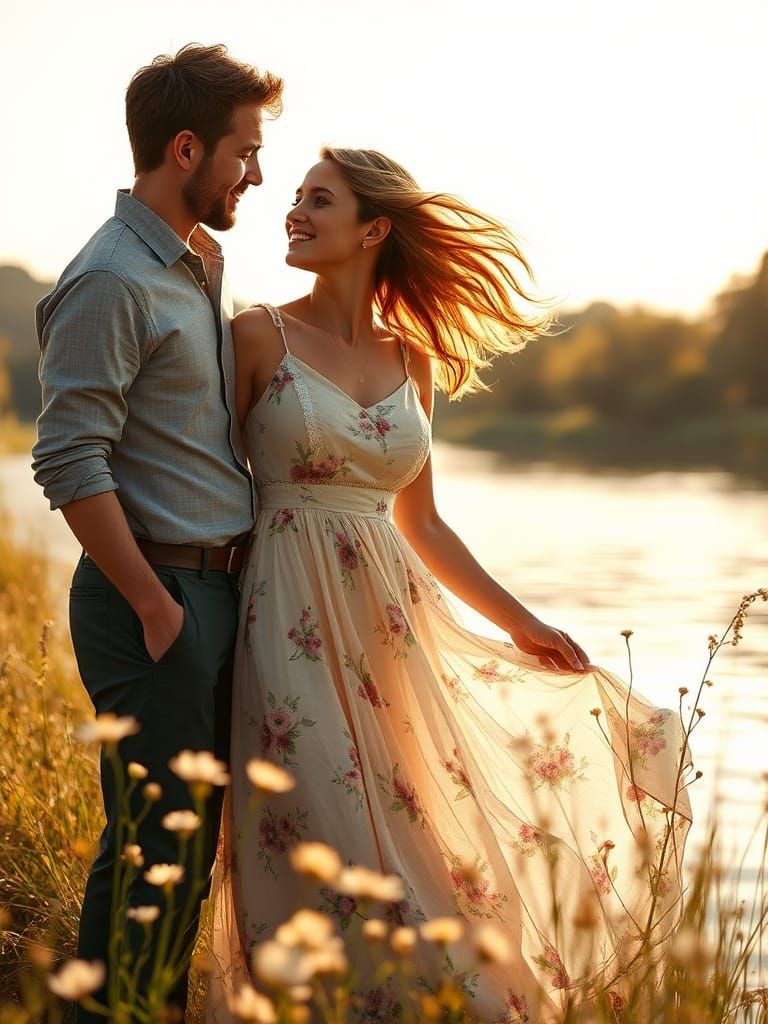 Romantic Couple in Meadow, Waterhouse Style